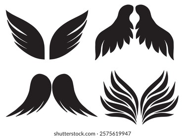 Set of black wings vector illustration. Collection wings badges. Realistic angel wing isolated on white background. Simple wings vector icons for web design. Wing logo for design element