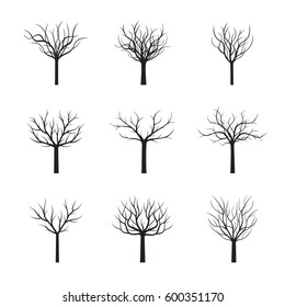 Set black winter trees without Leafs. Vector Illustration.