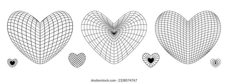 Set of black wireframe heart shapes on white background. Futuristic cyberpunk grid figures. Y2K retro style. Vector design elements. Love or cardiology concept