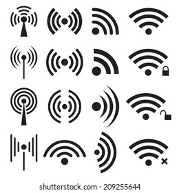 Set of black wireless and wifi icons. Vector illustration