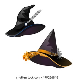 Set of black witch hat. Sketch for greeting card, festive poster, party invitation. Attributes of holiday of evil spirit Halloween. Fashion accessory for carnival. Vector cartoon close-up illustration