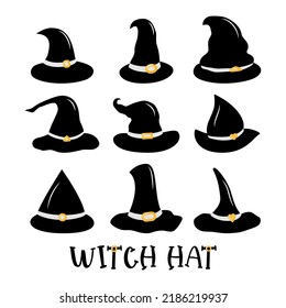 Set of  black witch hats with belt. Different forms. Vector illustration. Flat design. Halloween concept. Template of print, graphic element. 
