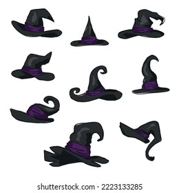 eine Reihe von schwarzen Hexenhüten mit violettem Band. Halloween-Set. Cartoon-Skizze auf weißem Hintergrund