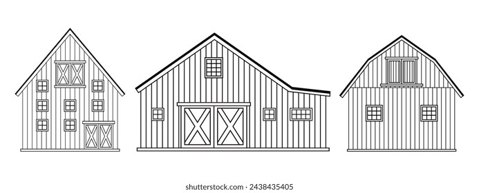 Set of black wite doodle cartoon alone wooden barn houses, roofs, windows and doors with crossed white boards. Vector Outline isolated hand drawn illustrations on white background, front view