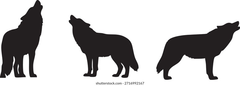 Set of Black Wolf Silhouettes Howling at the Moon Isolated on White Background