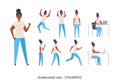 Set of black woman in different poses. Businesswoman working character design set. Vector illustration in flat style.