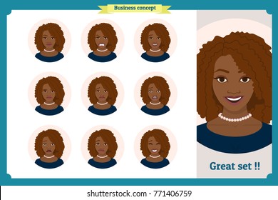 Set of black woman expression.Young housewife. Isolated vector  illustration on white, emotion portraits.  emotional female head.Vector face girl,avatar, angry, cry, sad, smiling. Cute businesswoman