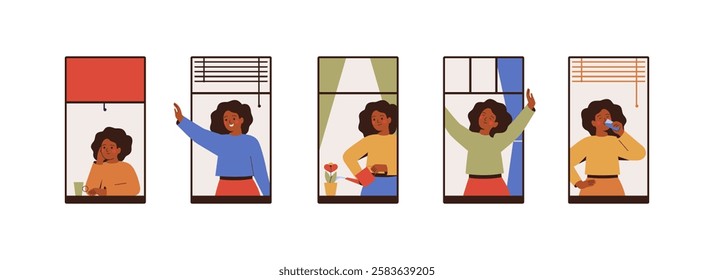 Set of black Woman and her every morning rituals, window view. Girl stretching, drinks water, waving hello hand, sit with cup of coffee, watering house plant. Vector illustration