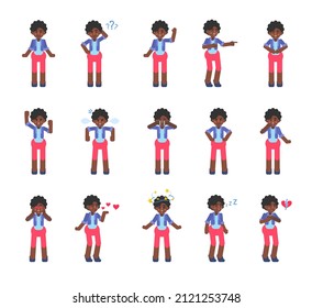 Set of black woman showing various emotions. Cute lady thinking, laughing, crying, sad, tired, in love and showing other expressions. Modern vector illustration
