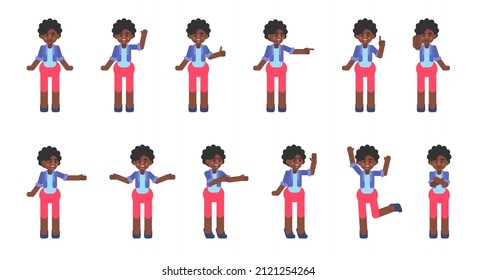 Set of black woman showing various hand gestures. Cute lady pointing, showing thumb up, victory and other gestures. Modern vector illustration
