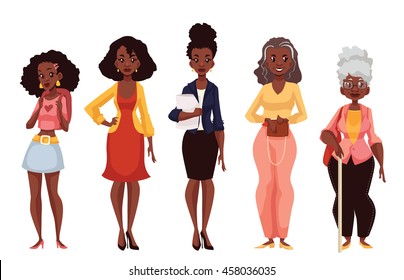 Set of black women of different ages from adolescence youth to maturity and old age, vector illustration isolated on white background. Various generations at African American women