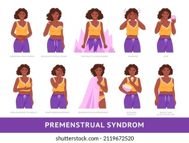 Set of black women suffering from period problems or premenstrual syndrome. Headache, abdominal pain, insomnia, sensitive breast and mood swings. Hand drawn flat vector illustration.