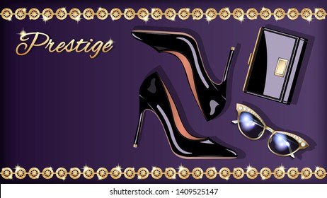 Set Black Womens Fashion Accessories Pair High-heeled Shoes, Handbags, Sunglasses And Gold Jewelry Chains Isolated On White Background. View From The Top. Realistic Detailed Vector Illustration.