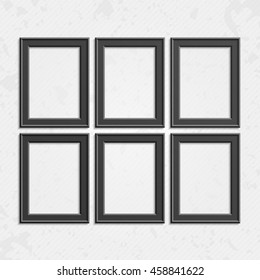 Set of black wooden frames. Wooden square picture frames of dark set for your web design. Abstract black picture frames on vintage background. Vector set of dark photo frames on the wall.