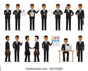 Set of black working people on white background. African businessman with gadgets in flat design people characters.