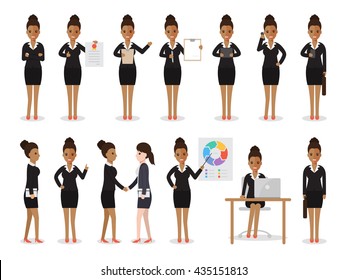 Set of black working people on white background. African businesswoman with gadgets in flat design people characters.