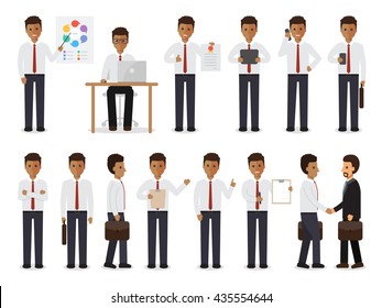 Set of black working people on white background. African businessman with gadgets in flat design people characters.