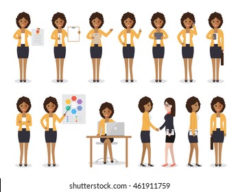 Set of black working people on white background. African businesswoman with gadgets in flat design people characters.