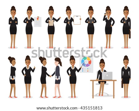 Set of black working people on white background. African businesswoman with gadgets in flat design people characters.