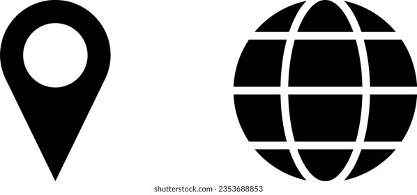 Set of Black World Globe Earth Web Map and Location Pointer Pin or You Are Here Marker Sign Icon Set. Vector Image.