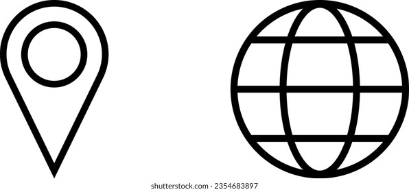 Set von Black World Globe Earth Web Map und Position Pointer Pin oder Sie sind hier Marker Sign Icon Set. Vektorbild.