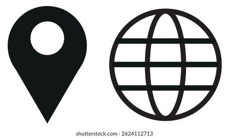 set of black world globe earth web map and location pointer pin or you are here marker sing icon