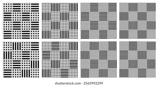 Set of black woven geometric patterns with elements of stripes and dots isolated on grey. Endless flat vector design.