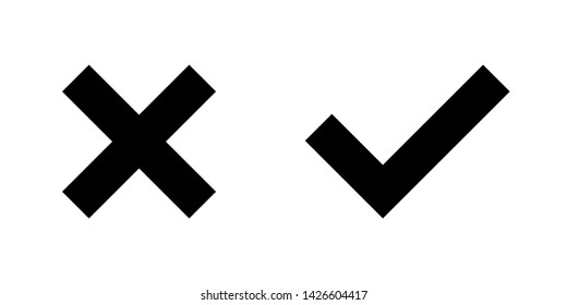 Set of black X and check mark icons. Cross and tick symbols isolated on white background.