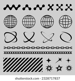 Set of black Y2K retro elements, globes and abstract shapes, street wear element design 