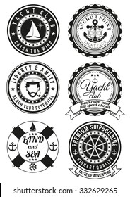 Set of black yacht club and sea theme round badges isolated on white background. Collection of elements for company logos, print products, page and web decor or other design. Vector illustration.