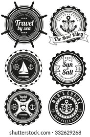 Set of black yacht club and sea theme round badges isolated on white background. Collection of elements for company logos, print products, page and web decor or other design. Vector illustration.