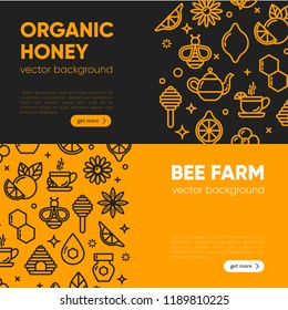 Set of black and yellow banner templates with honey, bee, honeycomb. Design element, outline set, icons of honey symbols. Honey market badge. Beekeeping. Vector illustration, eps 10.