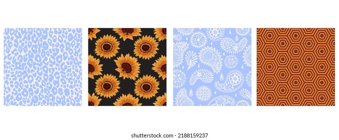 Set of black, yellow, blue, white and terracotta seamless patterns with sunflowers, paisley, florals, leopard fur texture and retro geometrics.