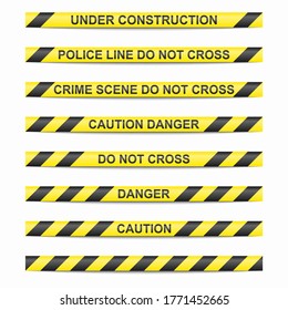 Set of black and yellow caution tapes isolated on white background.