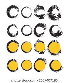 un conjunto de círculos negros y amarillos con trazos de pintura, un conjunto diverso de Formas de Vector, Colección de círculos negros de pinceladas y círculos amarillos