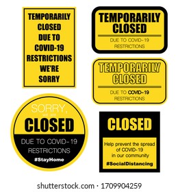 Set of black and yellow coronavirus pandemic signs. Temporarily closed posters with sample text