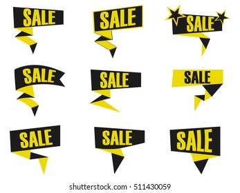 Set of black and yellow discount and promotion banners. Sale banner tag. Advertising element. Callouts sale. Vector illustration.