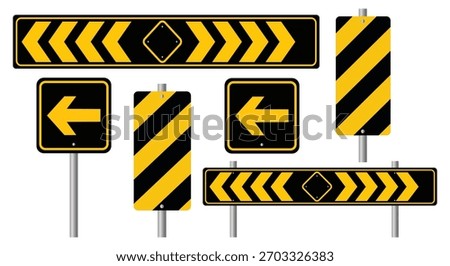 Set of Black and Yellow Hazard Warning Signs on Transparent Background with Chevrons Arrows and Diamond Shape Safety Attention Traffic Signage