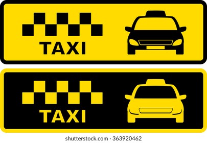 set black and yellow icons with taxi symbol with cars silhouette