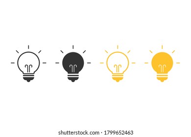 Set of black and yellow lamp. Filled and outline light bulb sign. Electricity illumination icon in flat. Idea symbol in modern design. Power lamp in linear style. Vector EPS 10