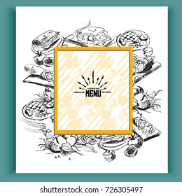 Set of black and yellow menu banners  in hand drawn style