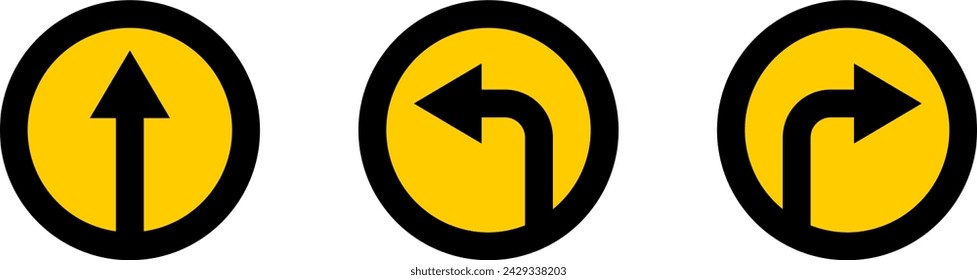 Set of Black and Yellow One Way Only Round Floor Marking Sticker Icon with Direction Arrow and Text. Vector Image.