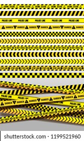 Set of black and yellow police stripe border. Creative danger caution seamless tapes. Art design line of crime places. Construction sign vector. Isolated on white background.