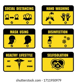 Set of black and yellow posters with coronavirus information. Virus prrevention signs set with sample text