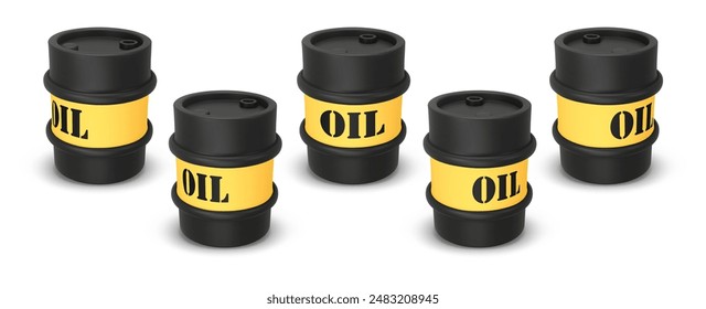 Set black and yellow round metal drums. 3D rendering. Vector illustration isolated on white. Barrel of oil. Dangerous chemical liquids, flammable gases, waste. Oil Industry, Petrol Sign