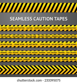 Set of black and yellow seamless caution tapes with different signs. Police line, crime scene, high voltage, do not cross, under construction etc.