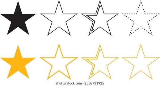 "Set of black and yellow star icons with different styles including filled, outlined, dashed, and double outlines for rating, decoration, and graphic design use"