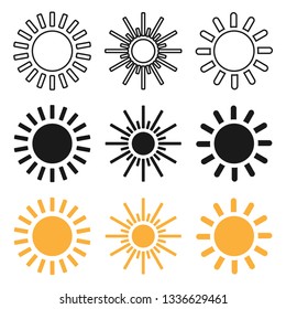 Set of black and yellow sun icons. Sun icons in linear and flat design. Eps10