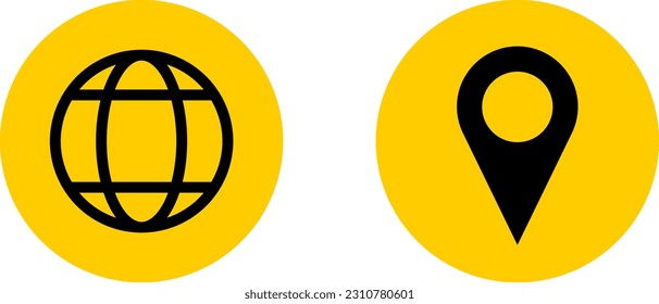 Set of Black and Yellow World Globe Earth Web Map and Location Pointer Pin or You Are Here Marker Sign Icon. Vector Image.