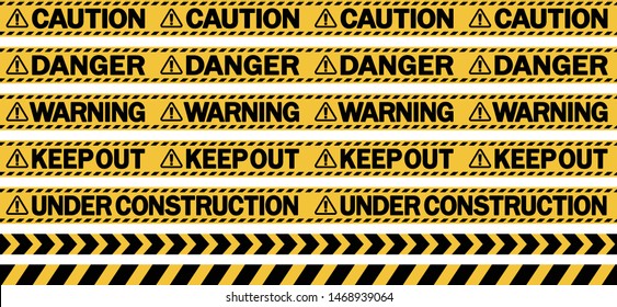 Set of black and yellows caution tapes with different inscriptions. Brightly Colored Danger or Hazard Stripe. vector illustration